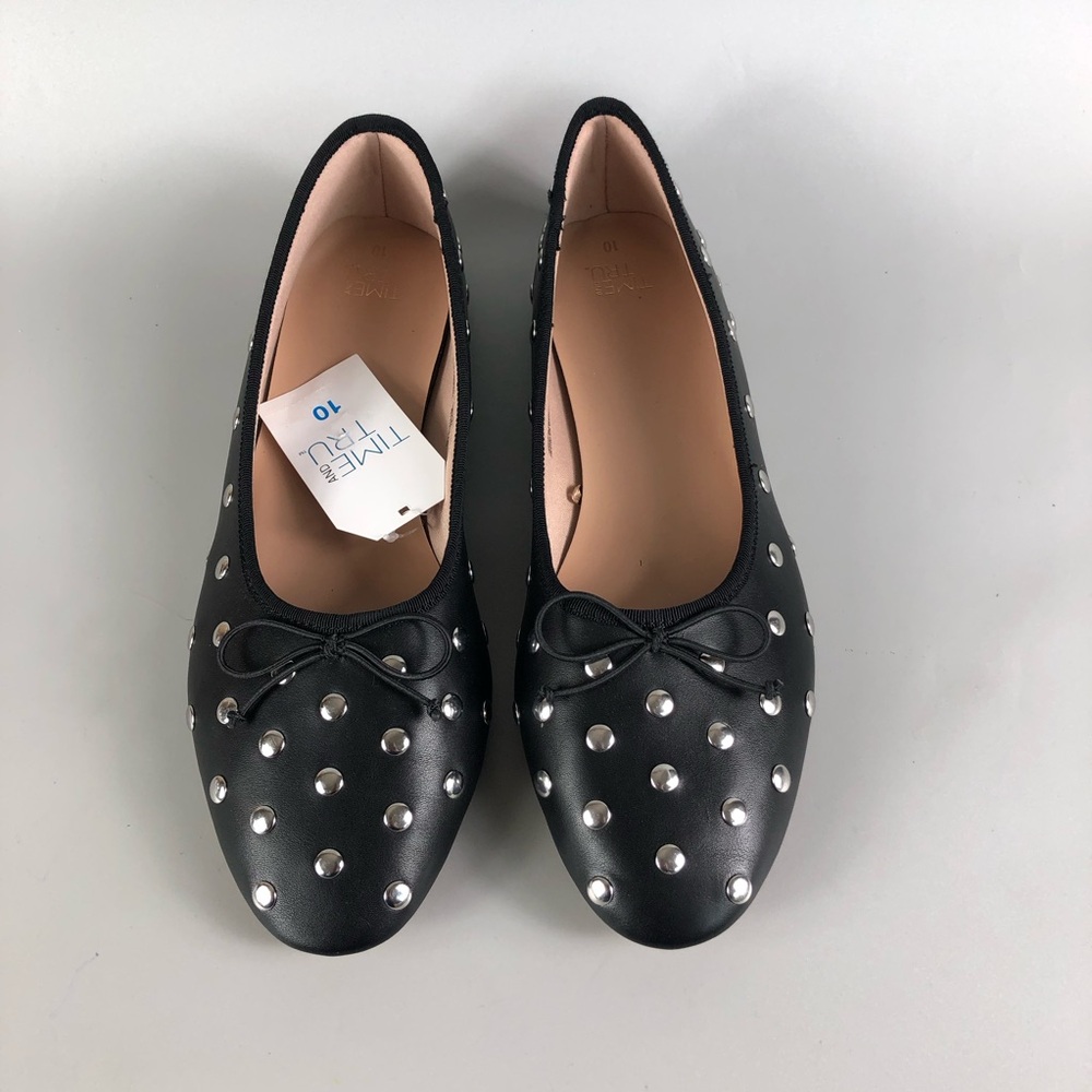 Time and Tru Black Studded Ballet Flats with Bow Size 10